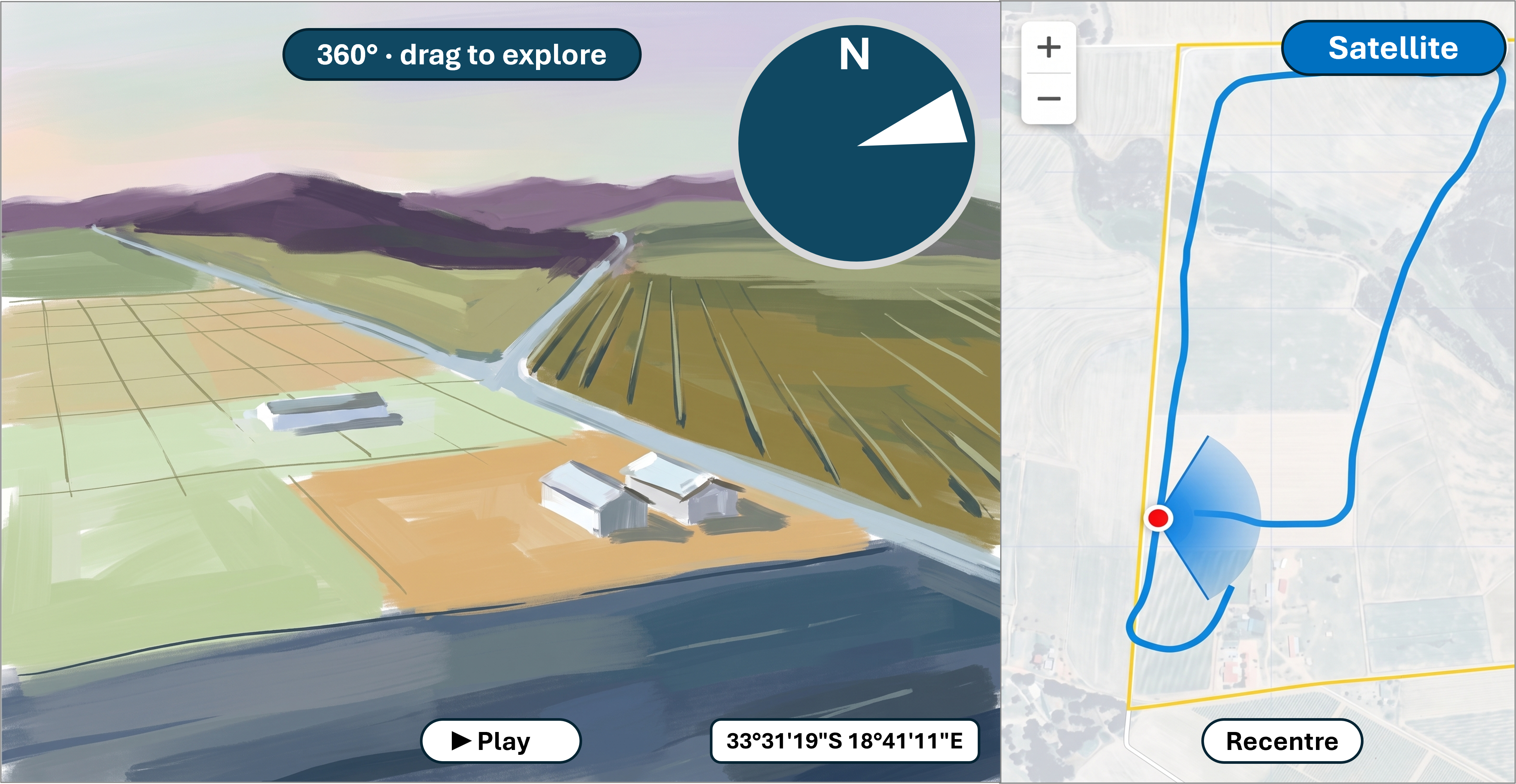 360° flight viewer: aerial video alongside a live GPS map